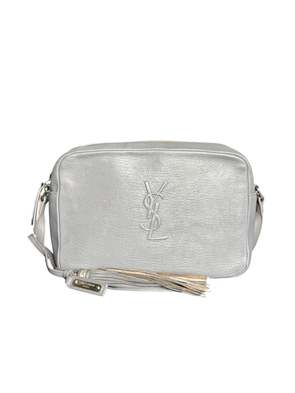 Saint Laurent grey / silver Lou Camera repainted camera bag with tassel